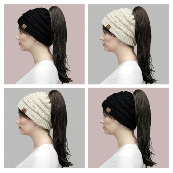 C.C Exclusives | Set of 2 Cable Knit Messy Bun Ponytail Beanies - Picture 1 of 8